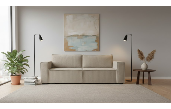 Sofa Smart sztruks popielata na sprężynach z funkcją spania i pojemnikiem